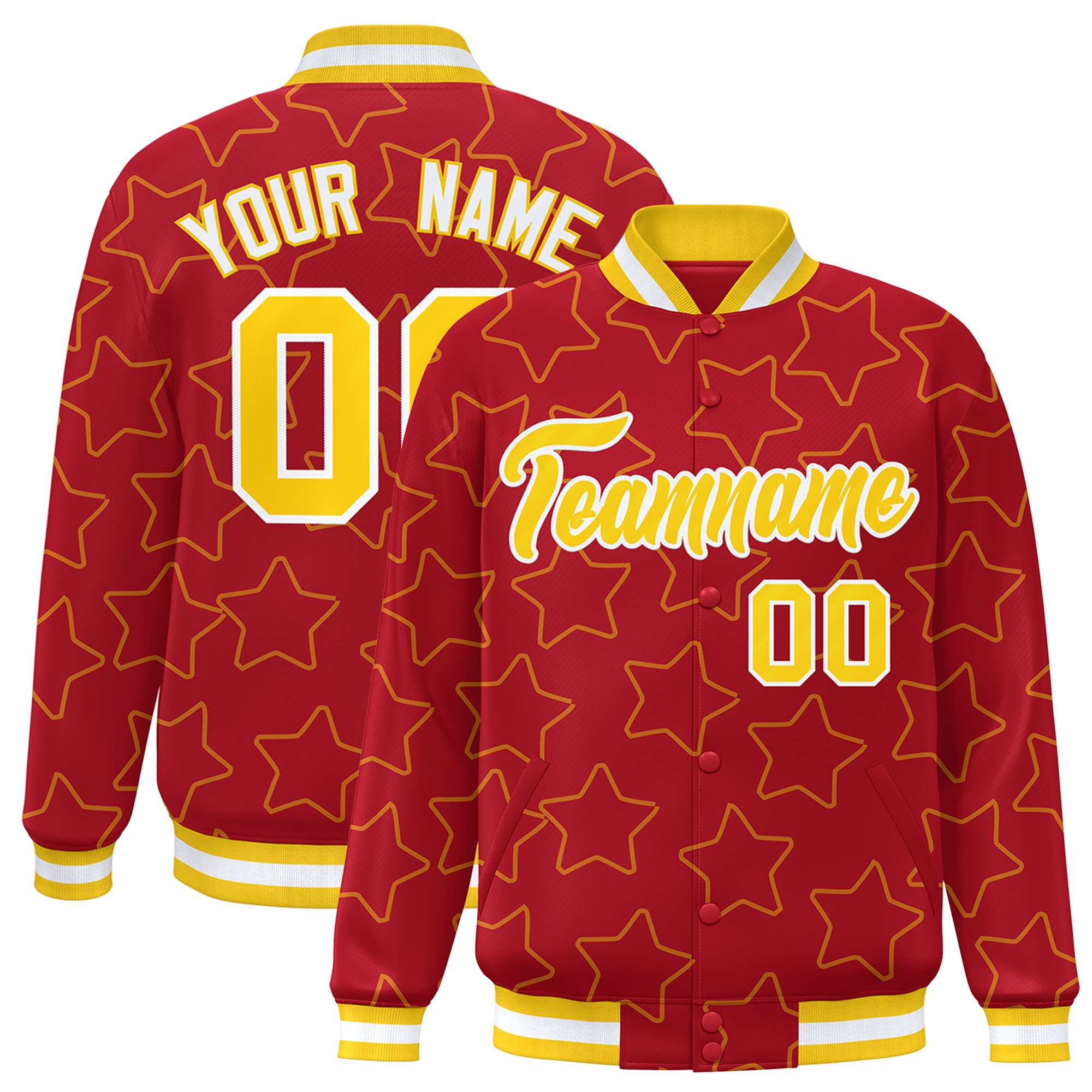 Custom Red Gold Varsity Full-Snap Star Pattern Letterman Baseball Jacket