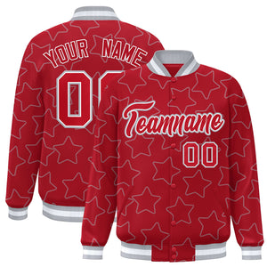 Custom Red Gray Varsity Full-Snap Star Pattern Letterman Baseball Jacket