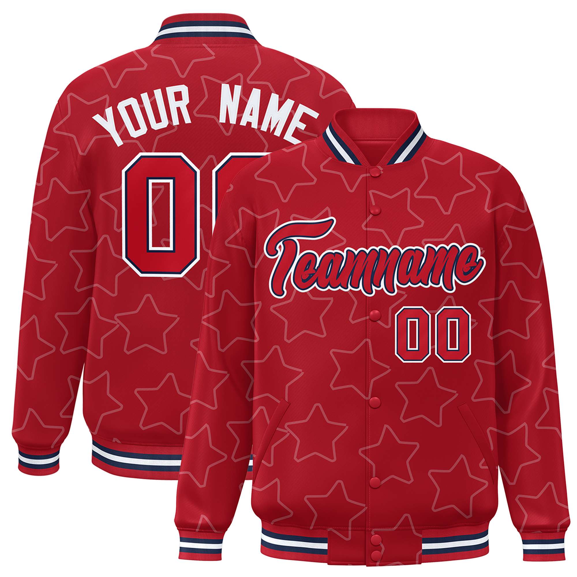 Custom Red White Varsity Full-Snap Star Pattern Letterman Baseball Jacket