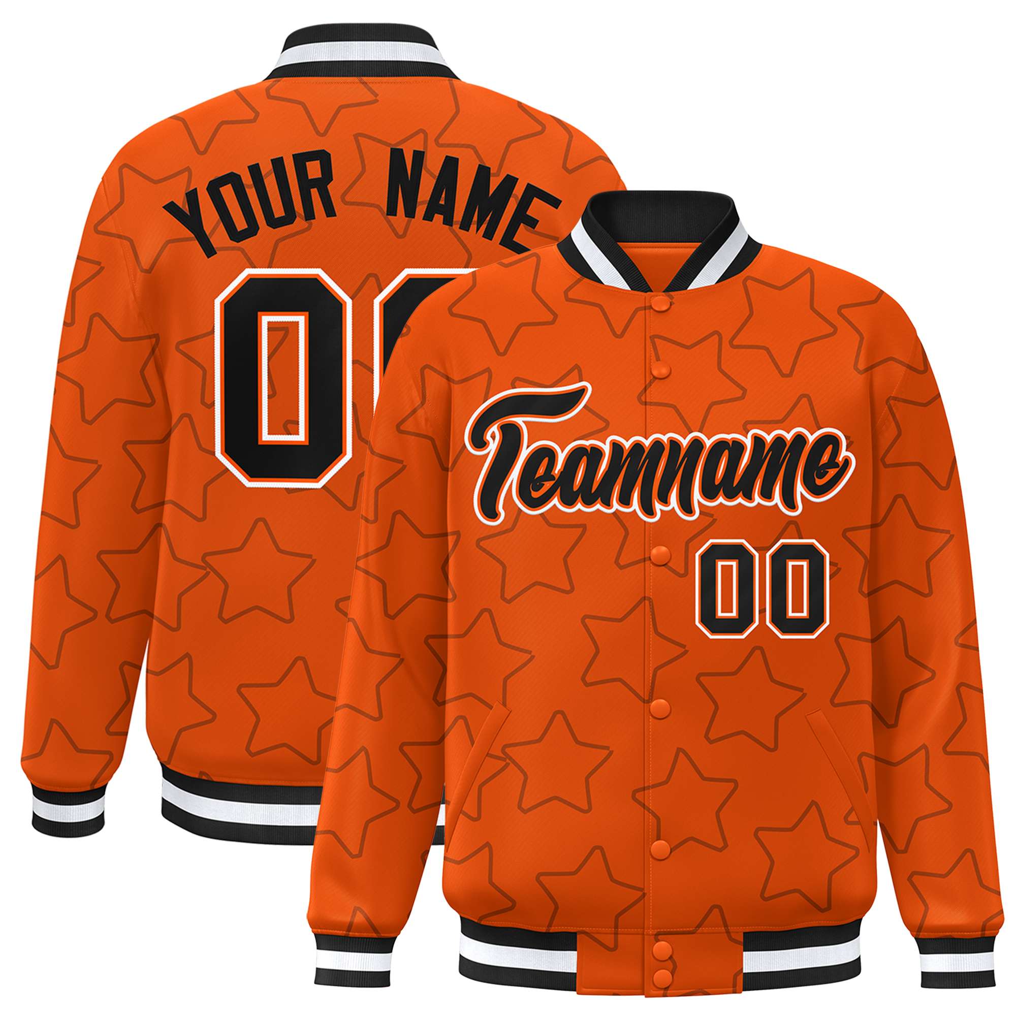 Custom Orange Black Varsity Full-Snap Star Pattern Letterman Baseball Jacket