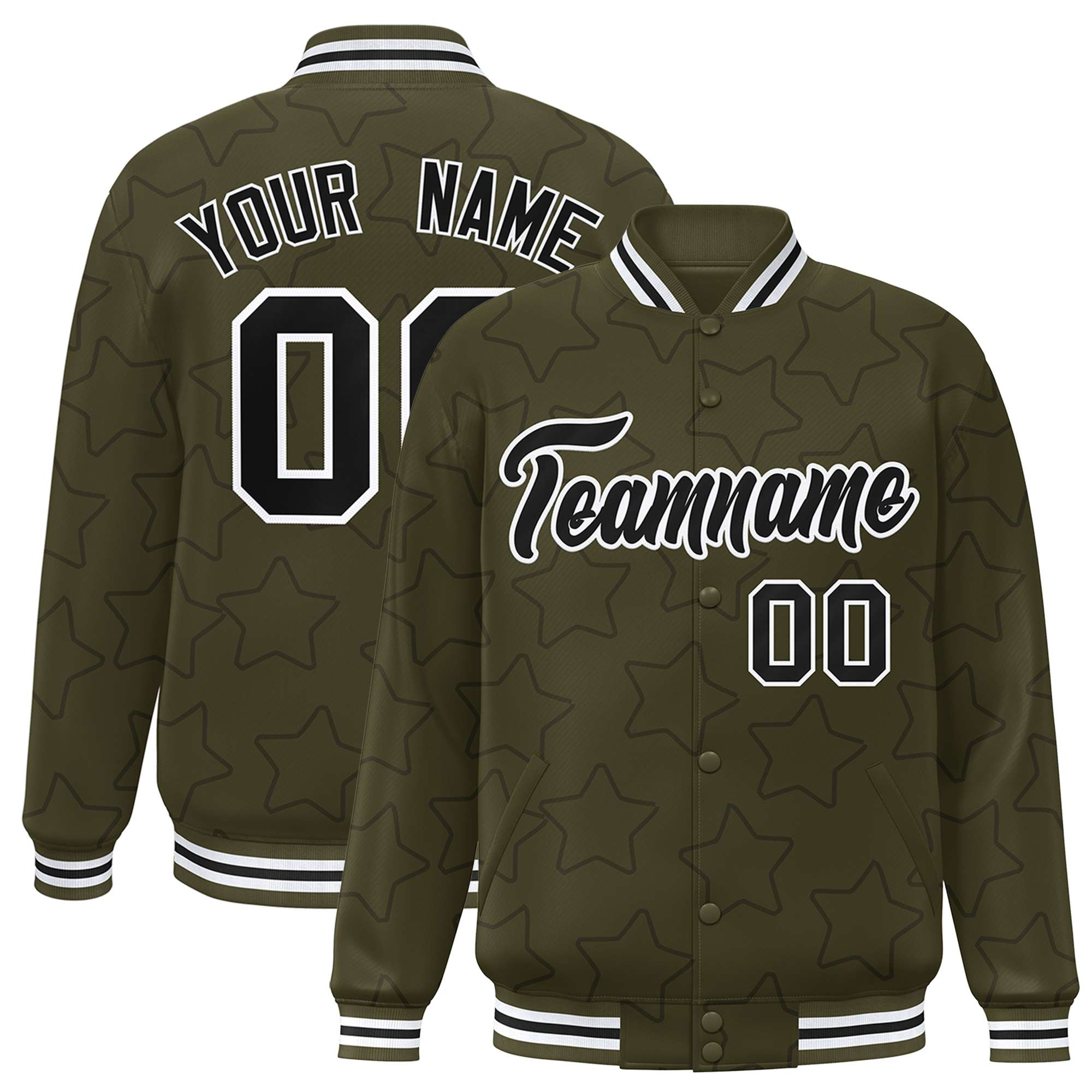 Custom Olive Black Varsity Full-Snap Star Pattern Letterman Baseball Jacket