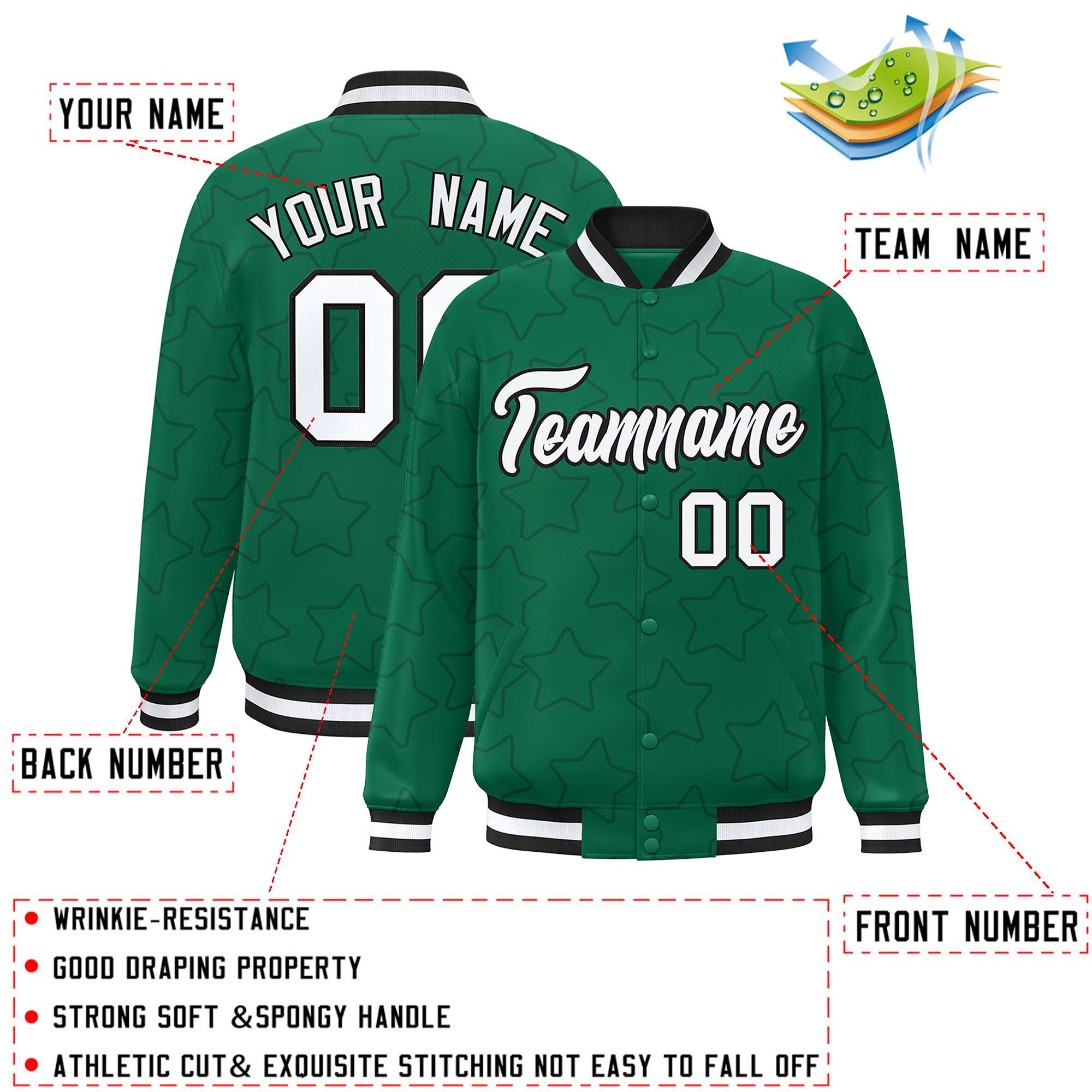 Custom Kelly Green Black Varsity Full-Snap Star Pattern Letterman Baseball Jacket