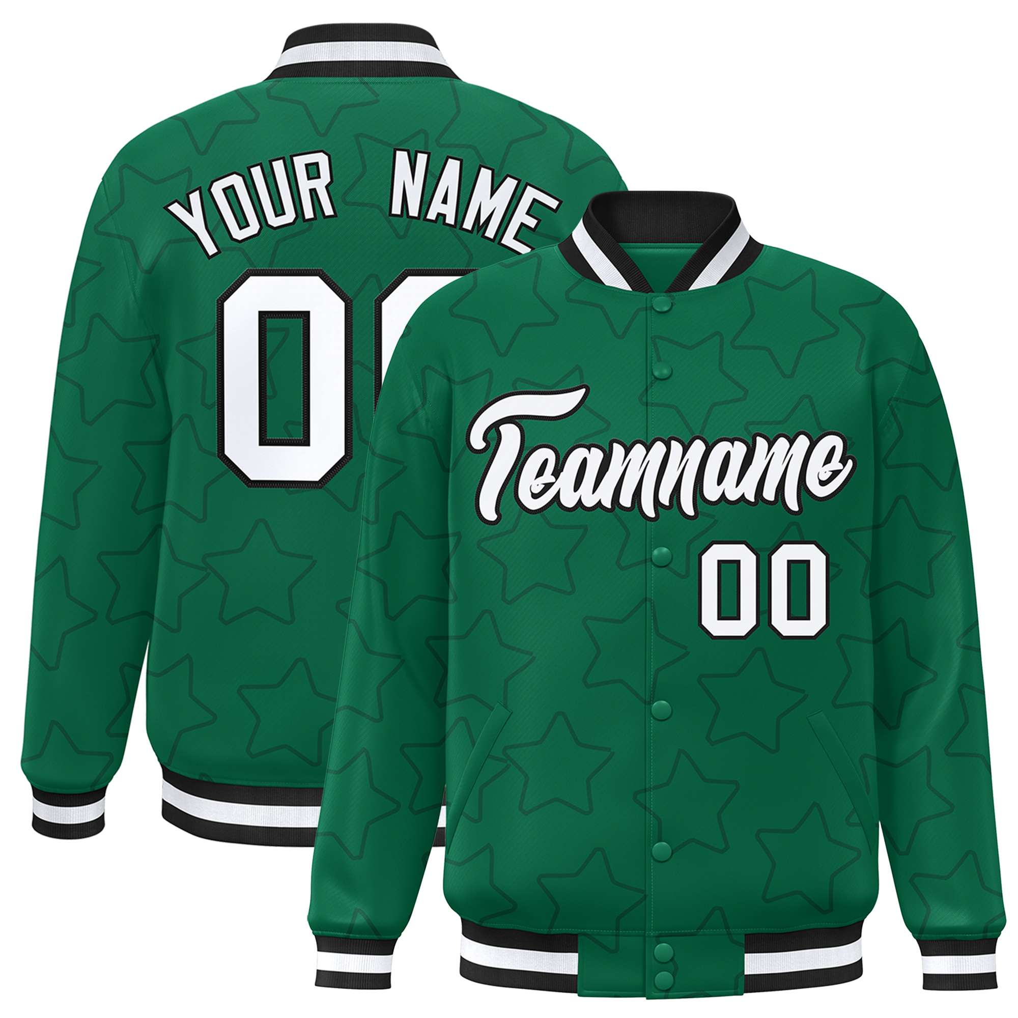 Custom Kelly Green Black Varsity Full-Snap Star Pattern Letterman Baseball Jacket