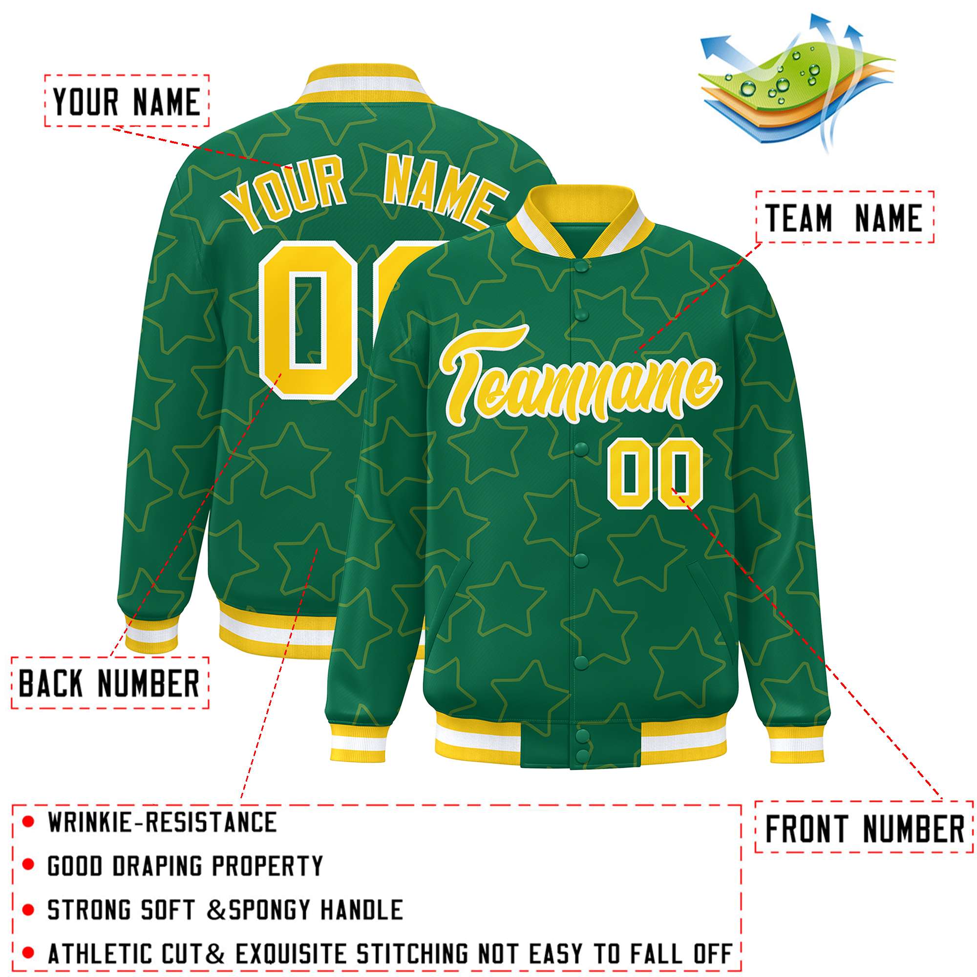 Custom Kelly Green Gold Varsity Full-Snap Star Pattern Letterman Baseball Jacket