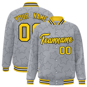 Custom Gray Black Varsity Full-Snap Star Pattern Letterman Baseball Jacket