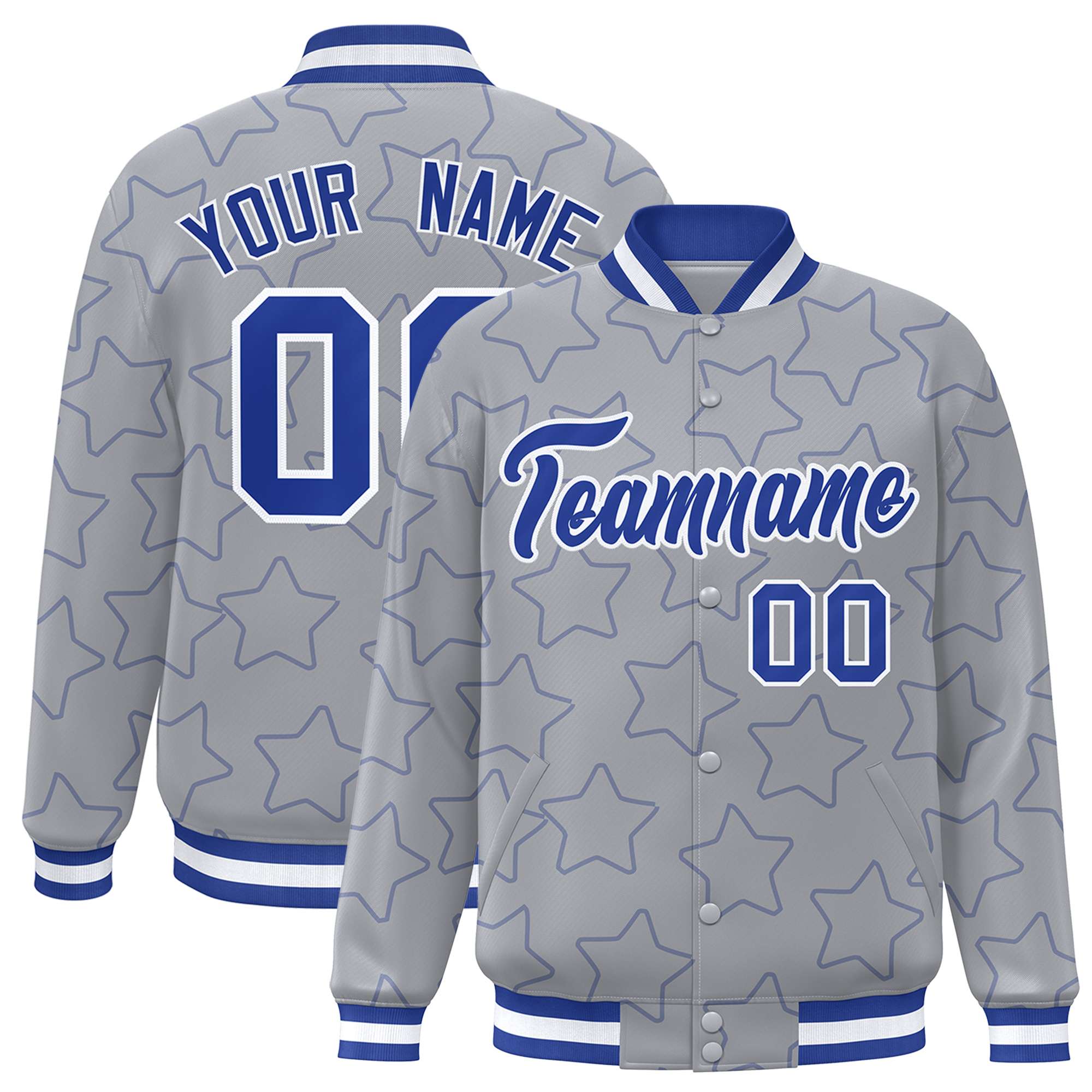 Custom Gray Royal Varsity Full-Snap Star Pattern Letterman Baseball Jacket