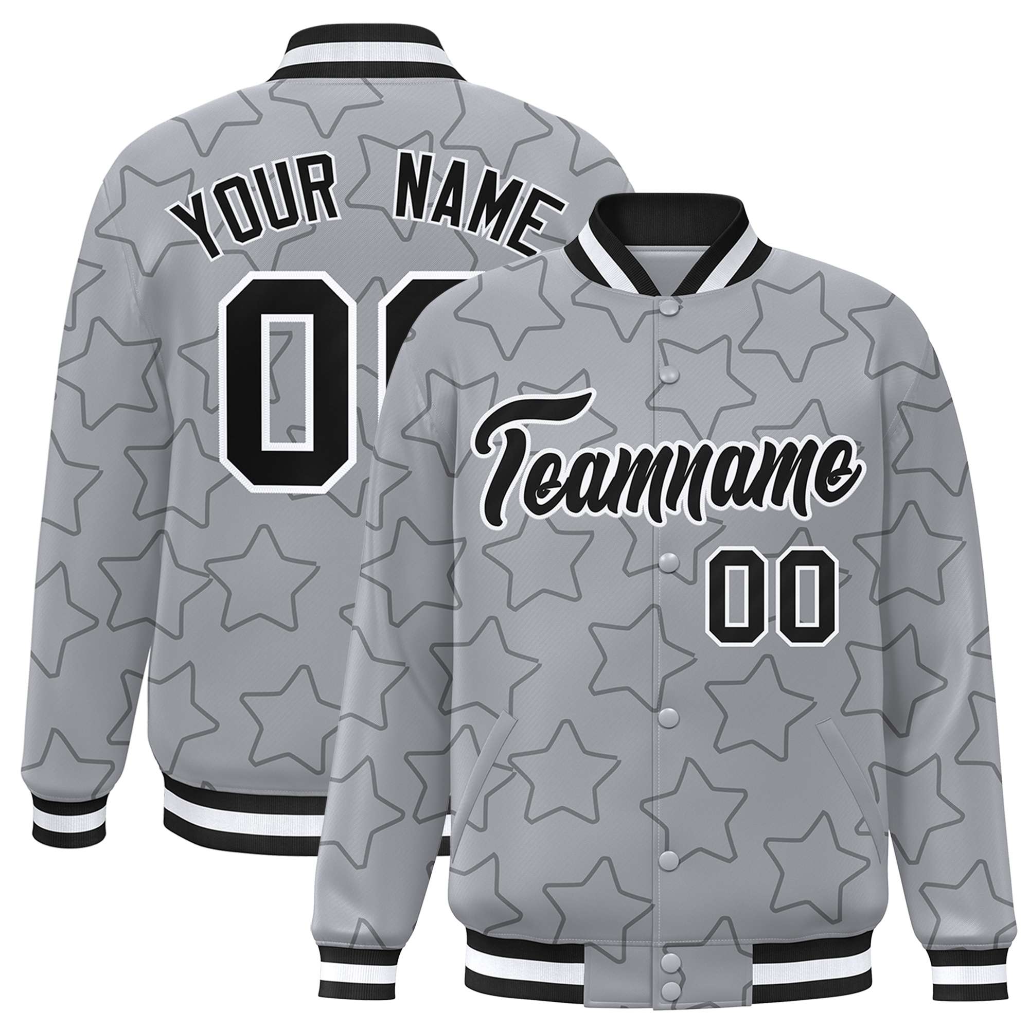 Custom Gray Black Varsity Full-Snap Star Pattern Letterman Baseball Jacket