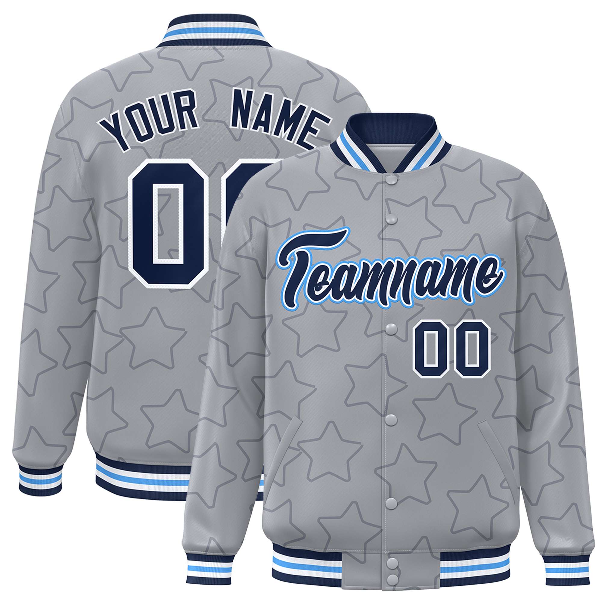 Custom Gray Navy Varsity Full-Snap Star Pattern Letterman Baseball Jacket