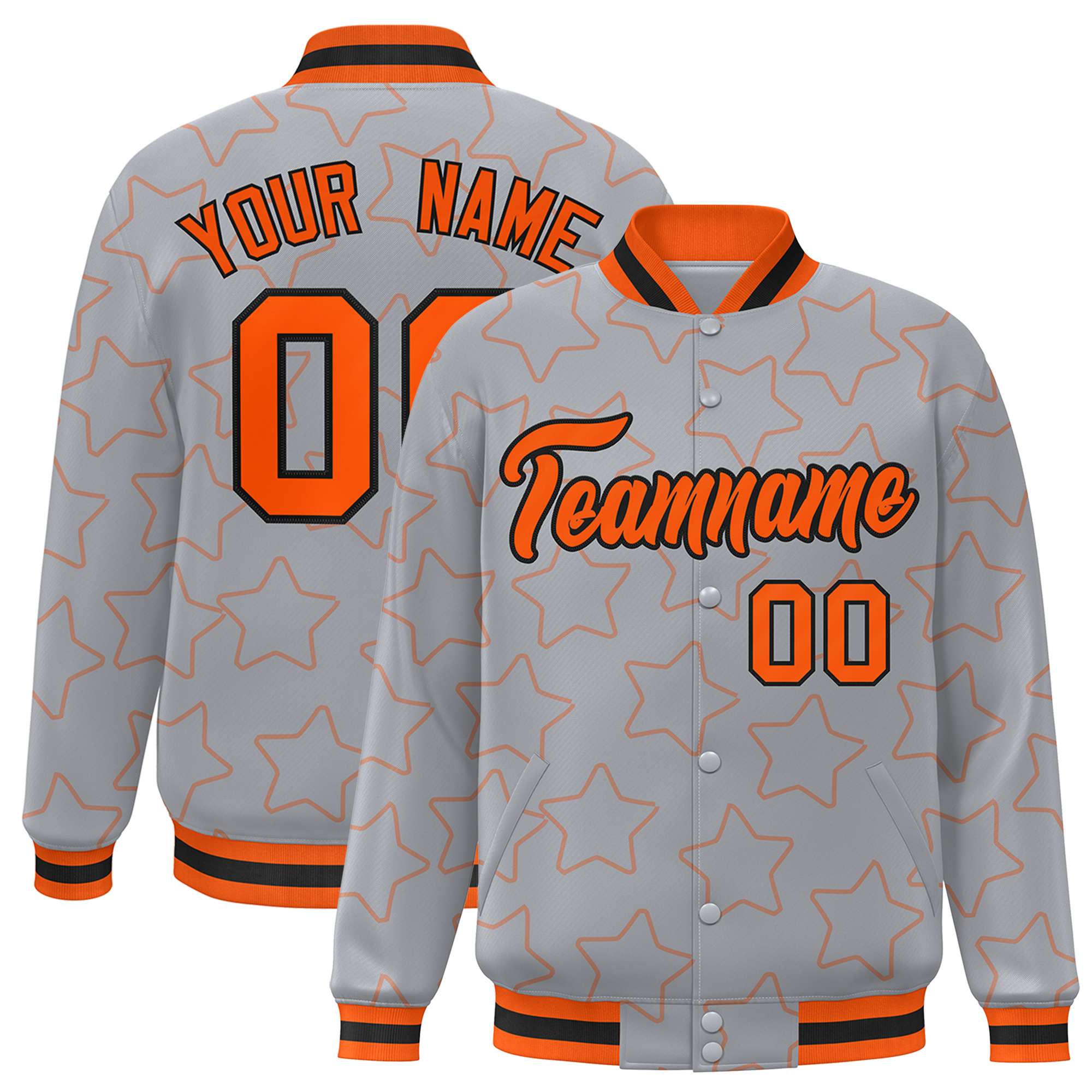 Custom Gray Orange Varsity Full-Snap Star Pattern Letterman Baseball Jacket