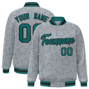 Custom Gray Aqua Varsity Full-Snap Star Pattern Letterman Baseball Jacket