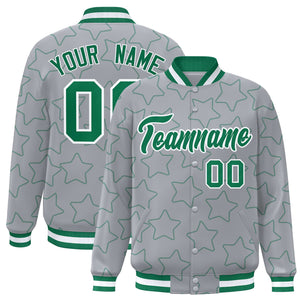 Custom Gray Kelly Green Varsity Full-Snap Star Pattern Letterman Baseball Jacket