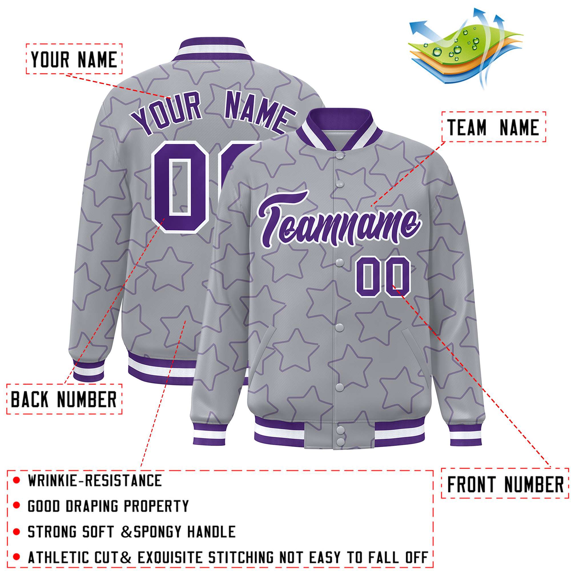 Custom Gray Purple Varsity Full-Snap Star Pattern Letterman Baseball Jacket