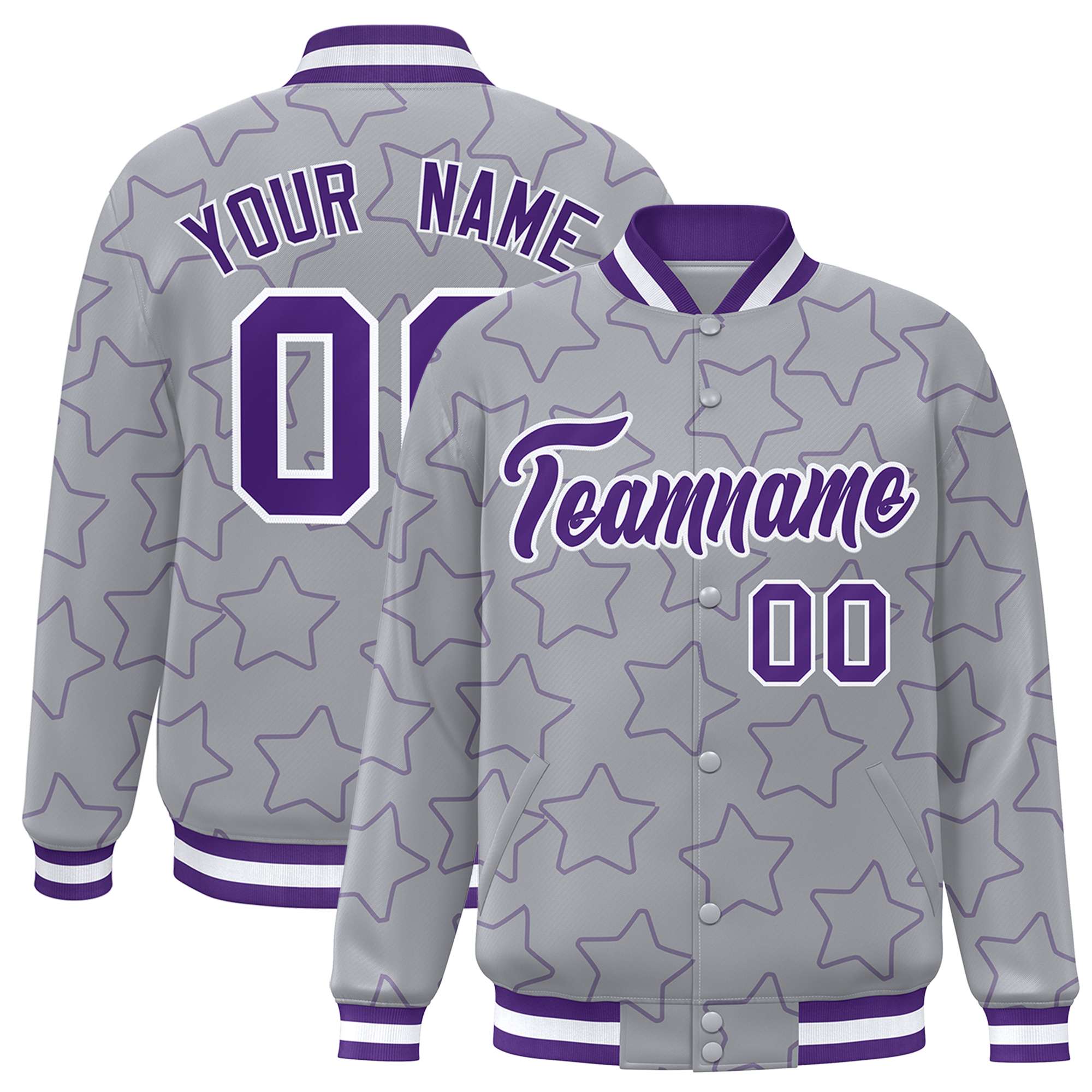 Custom Gray Purple Varsity Full-Snap Star Pattern Letterman Baseball Jacket