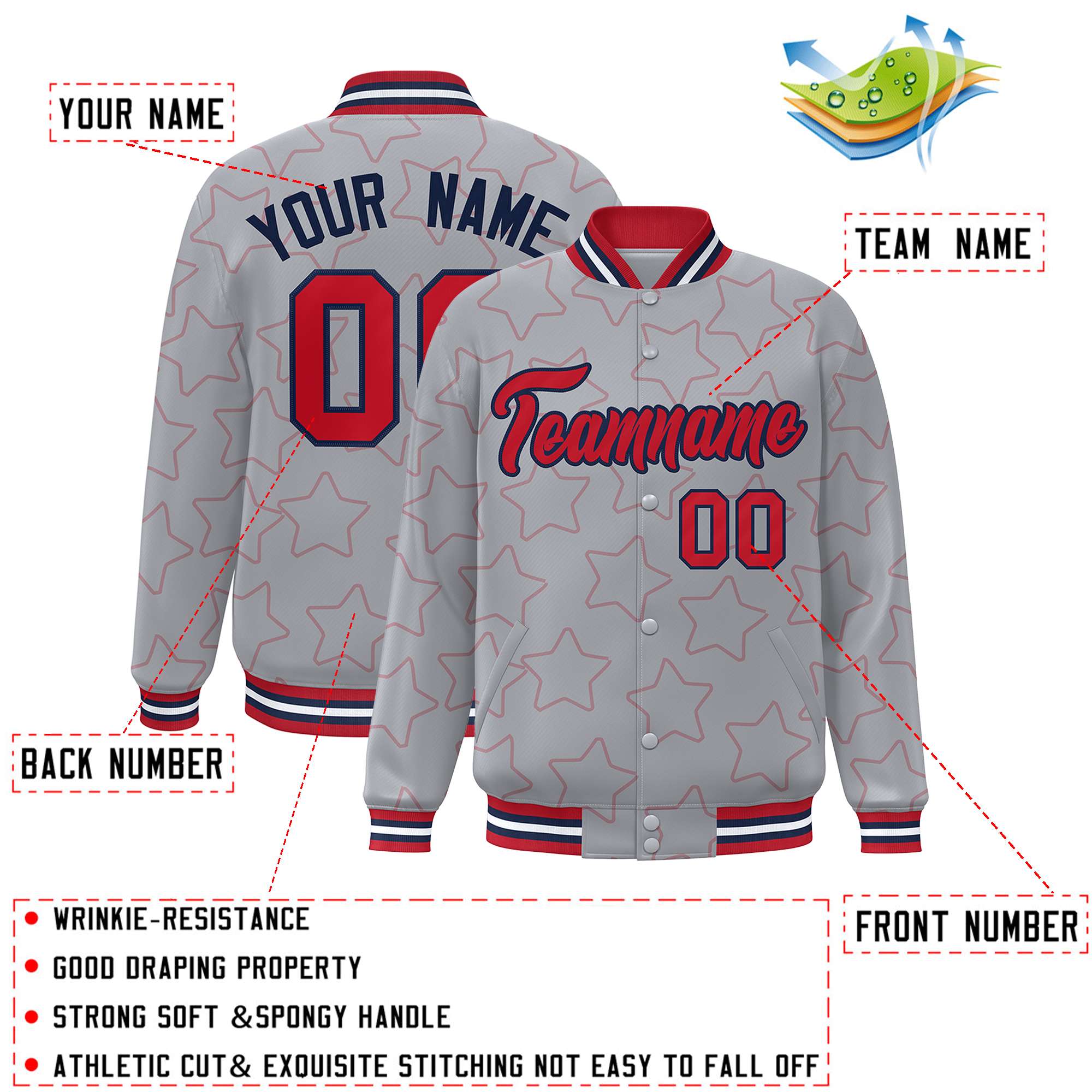 Custom Gray Red Varsity Full-Snap Star Pattern Letterman Baseball Jacket