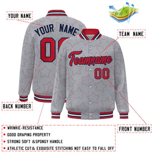 Custom Gray Red Varsity Full-Snap Star Pattern Letterman Baseball Jacket