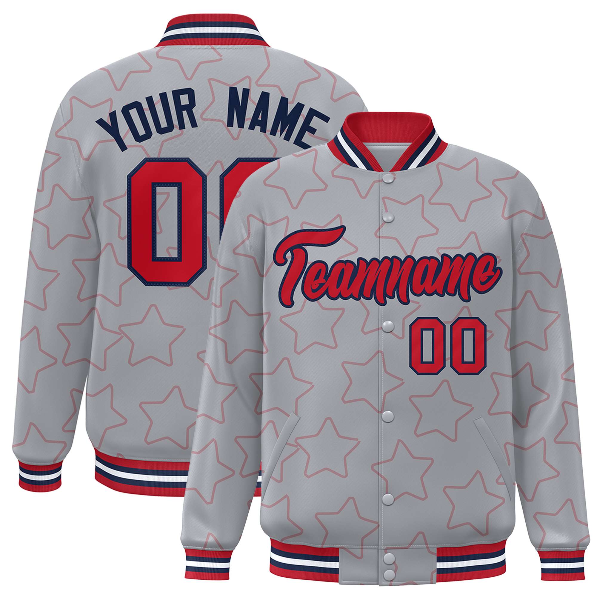 Custom Gray Red Varsity Full-Snap Star Pattern Letterman Baseball Jacket