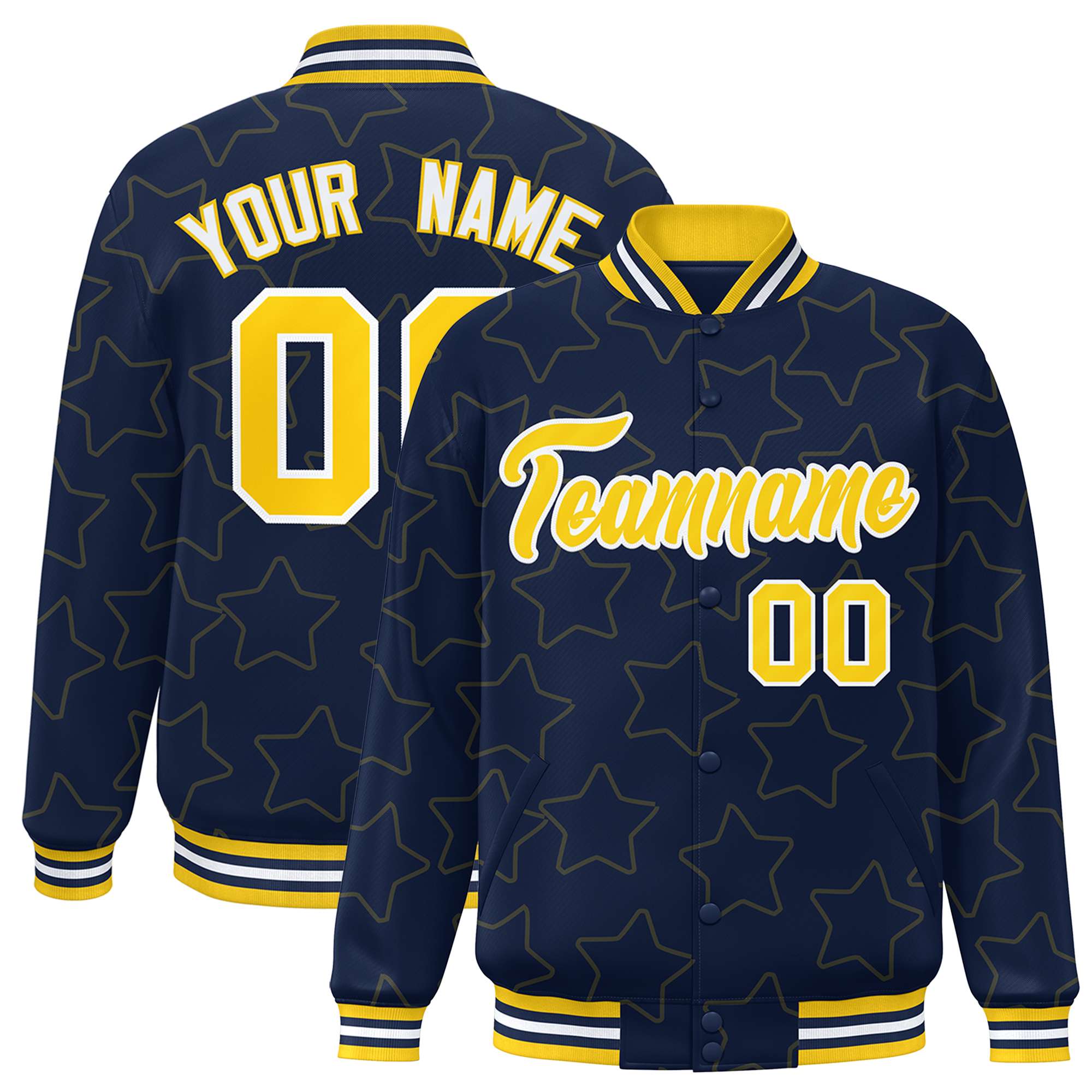 Custom Navy Gold Varsity Full-Snap Star Pattern Letterman Baseball Jacket