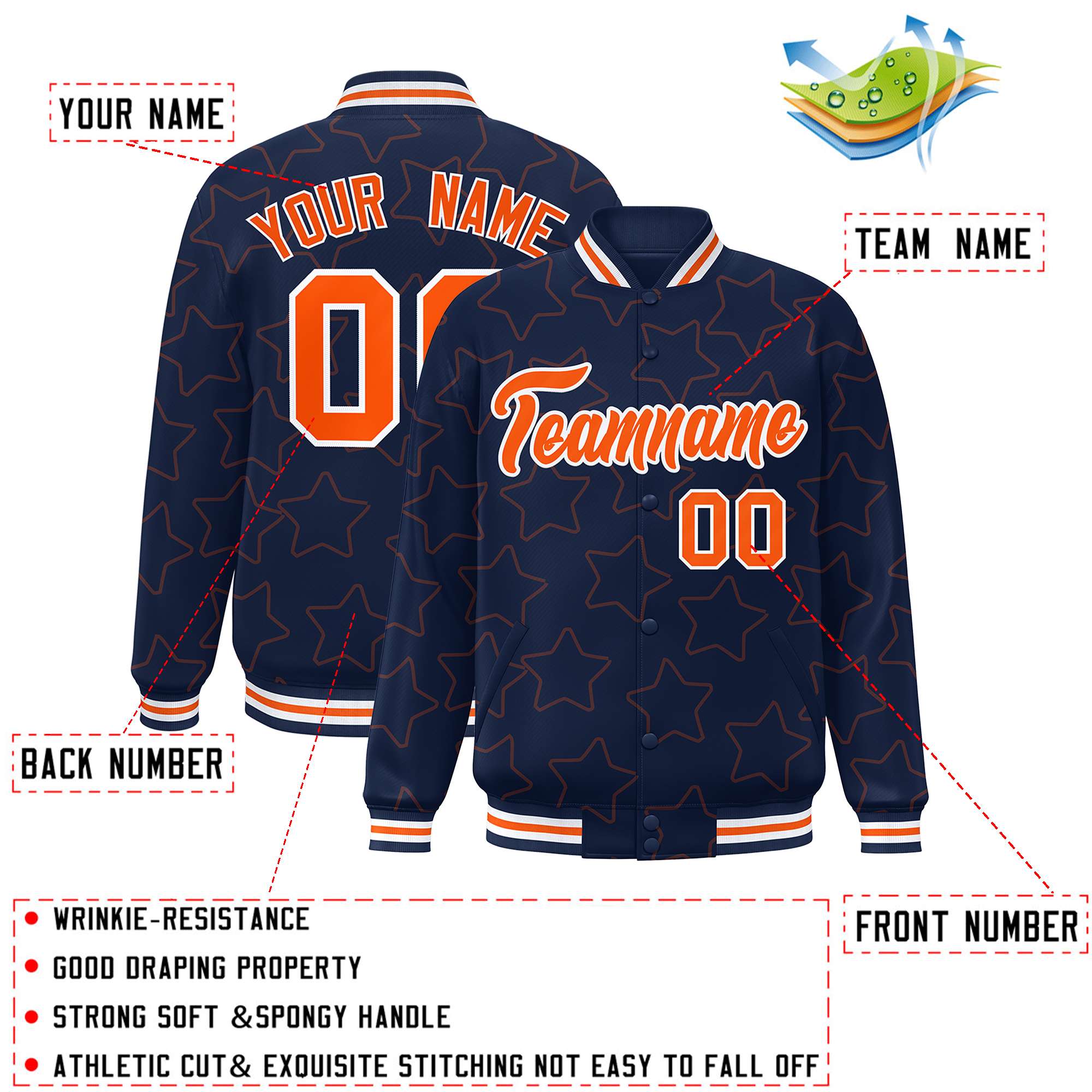 Custom Navy Orange Varsity Full-Snap Star Pattern Letterman Baseball Jacket