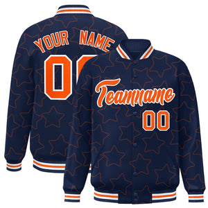 Custom Navy Orange Varsity Full-Snap Star Pattern Letterman Baseball Jacket