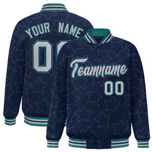 Custom Navy Gray Varsity Full-Snap Star Pattern Letterman Baseball Jacket