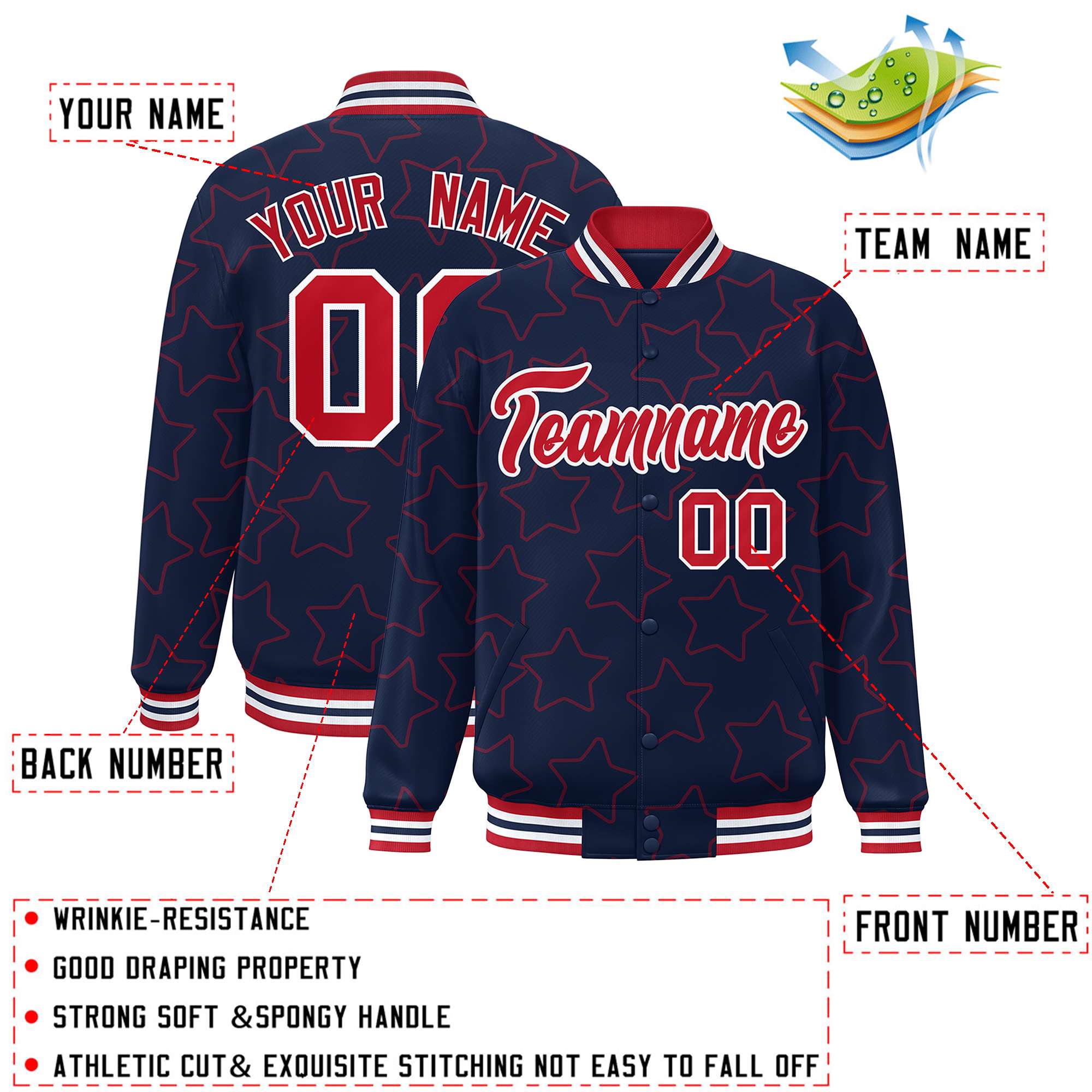 Custom Navy Red Varsity Full-Snap Star Pattern Letterman Baseball Jacket