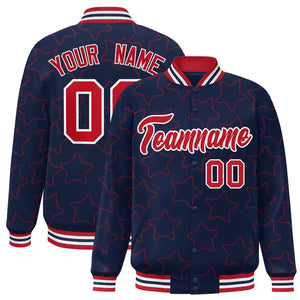 Custom Navy Red Varsity Full-Snap Star Pattern Letterman Baseball Jacket