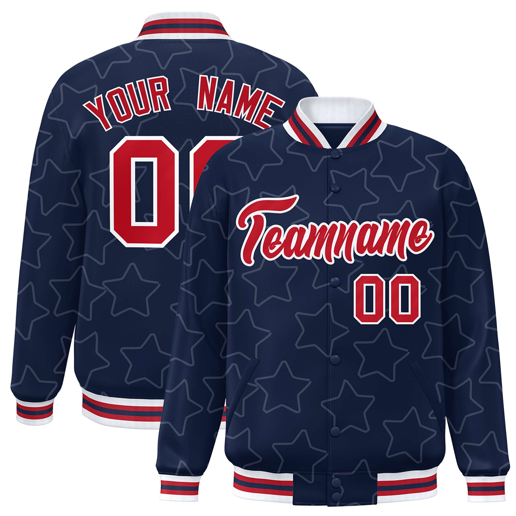 Custom Navy White Varsity Full-Snap Star Pattern Letterman Baseball Jacket