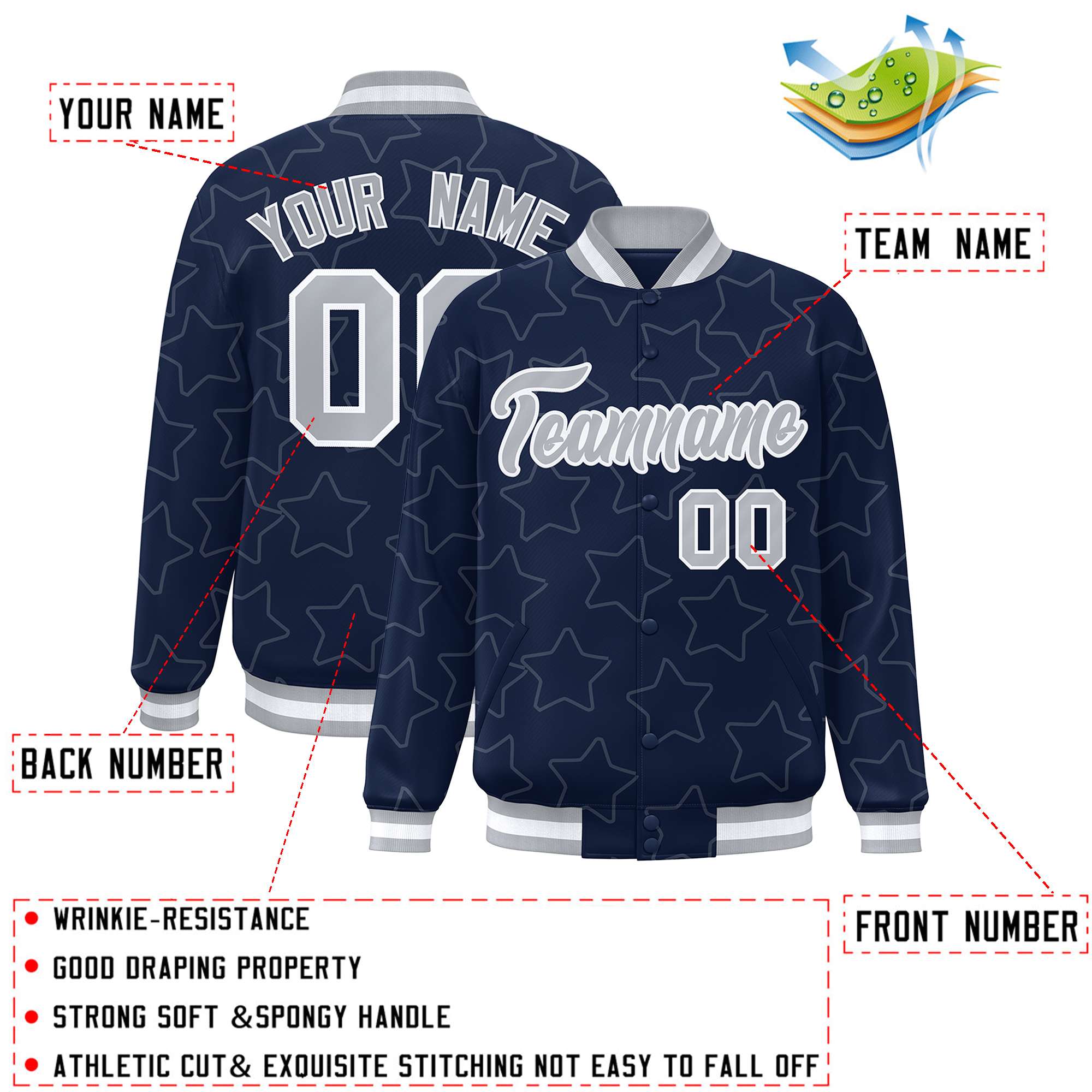 Custom Navy Gray Varsity Full-Snap Star Pattern Letterman Baseball Jacket