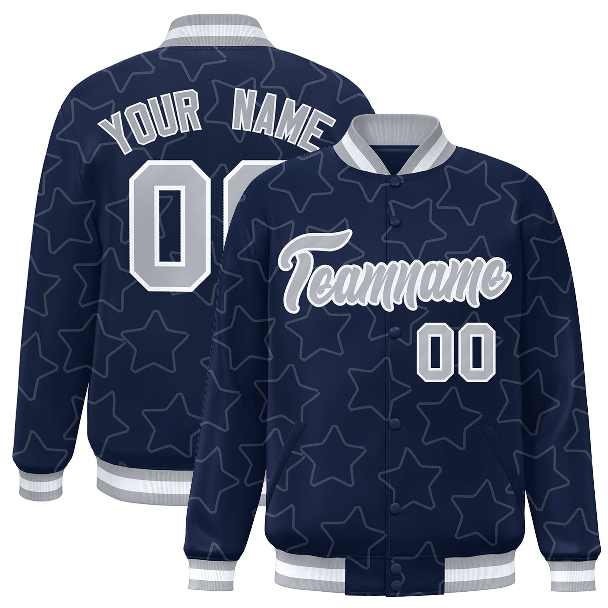 Custom Navy Gray Varsity Full-Snap Star Pattern Letterman Baseball Jacket