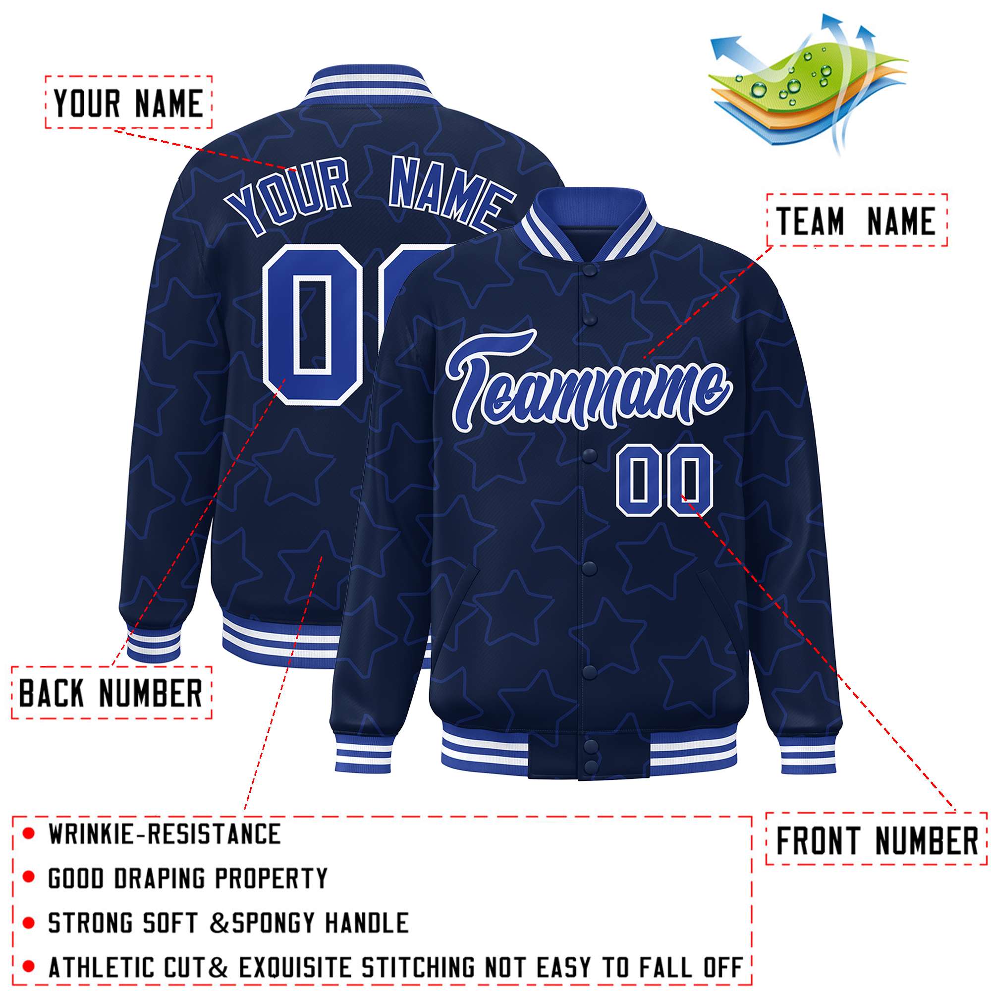 Custom Navy Royal Varsity Full-Snap Star Pattern Letterman Baseball Jacket