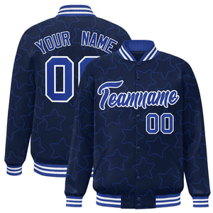 Custom Navy Royal Varsity Full-Snap Star Pattern Letterman Baseball Jacket