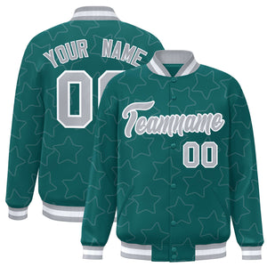 Custom Aqua Gray Varsity Full-Snap Star Pattern Letterman Baseball Jacket