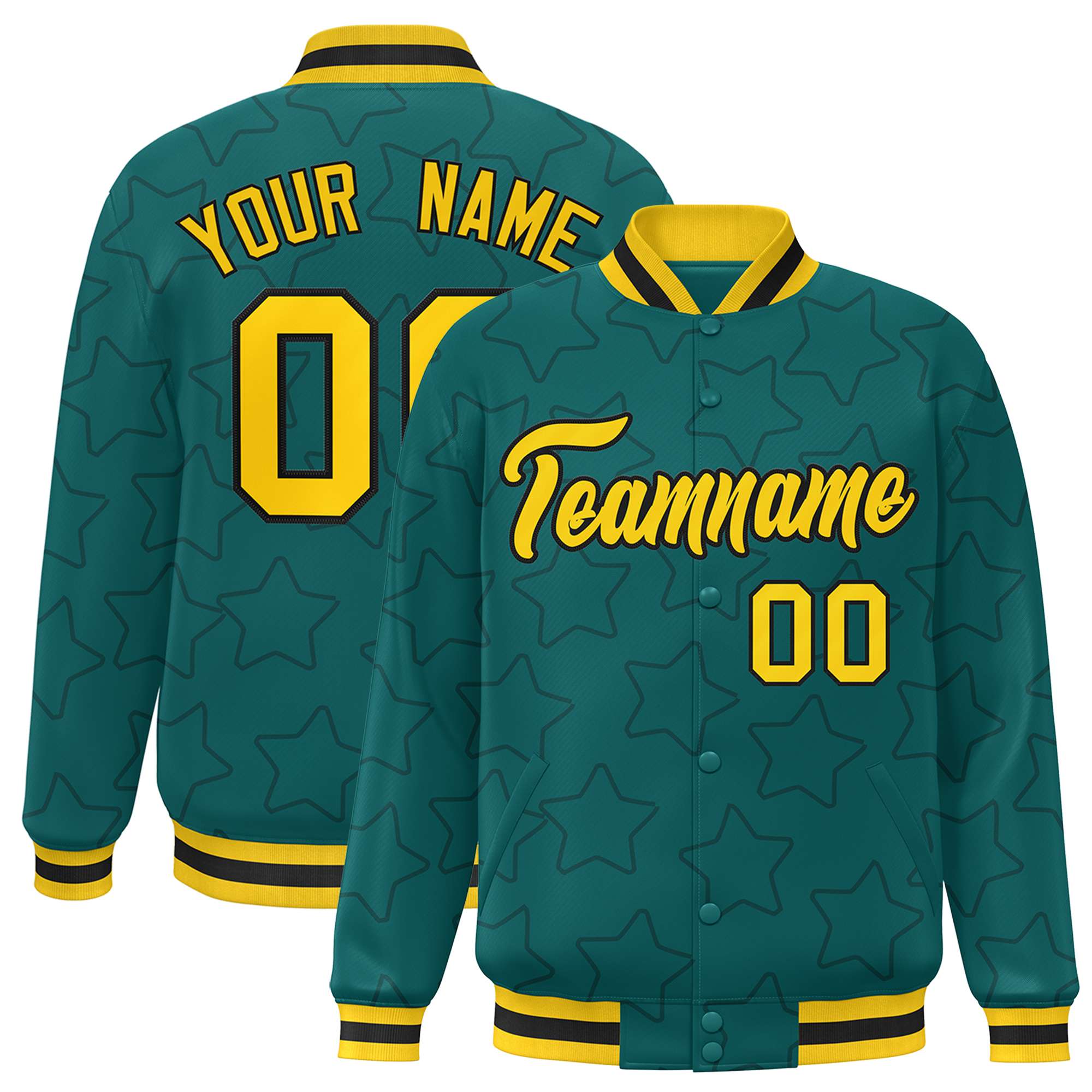 Custom Aqua Navy Varsity Full-Snap Star Pattern Letterman Baseball Jacket