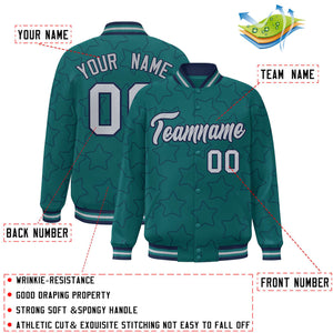 Custom Aqua Navy Varsity Full-Snap Star Pattern Letterman Baseball Jacket