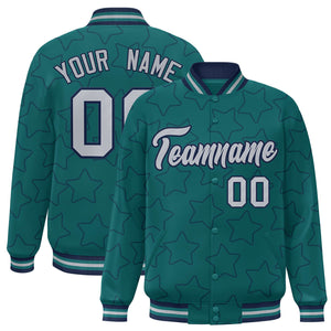 Custom Aqua Navy Varsity Full-Snap Star Pattern Letterman Baseball Jacket