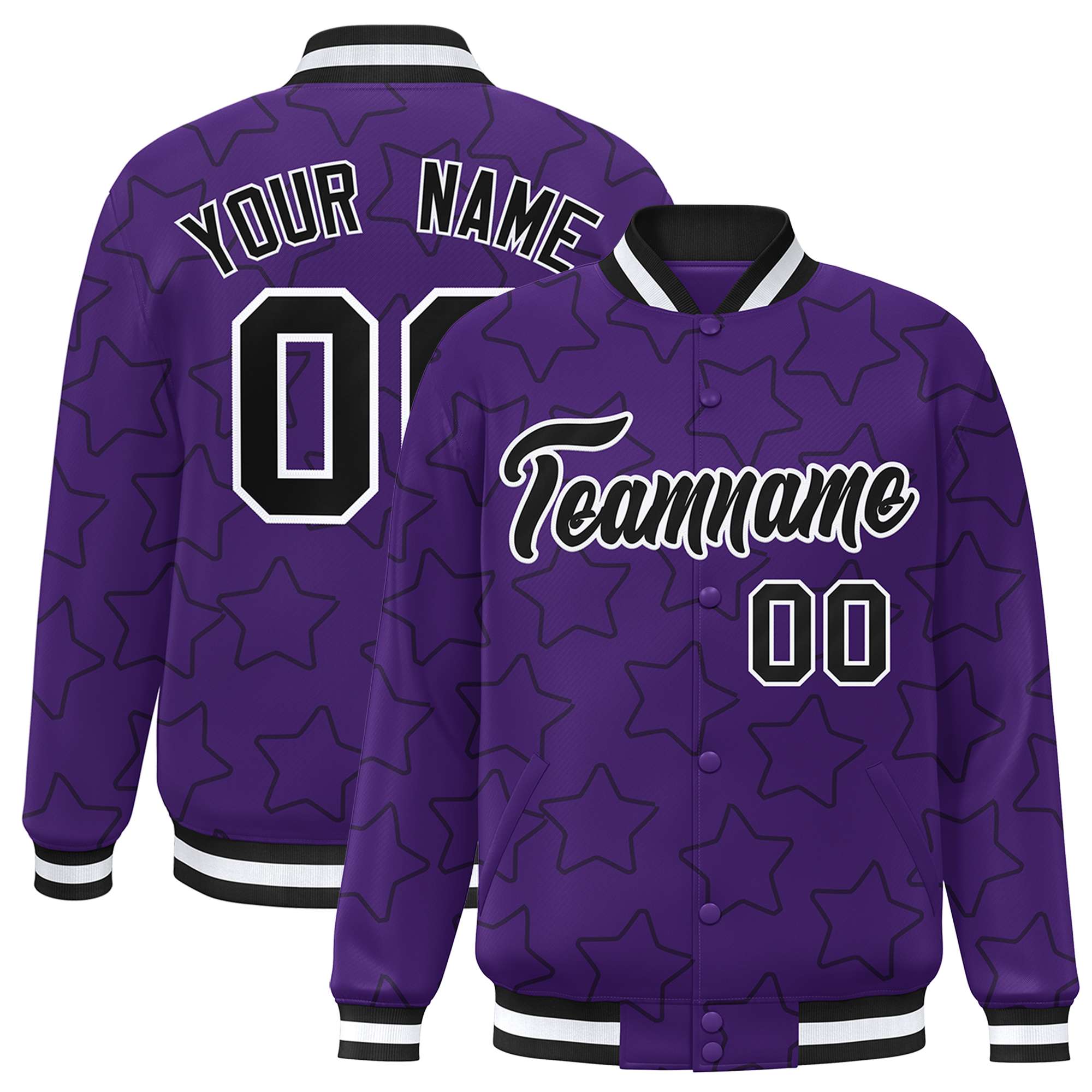 Custom Purple Black Varsity Full-Snap Star Pattern Letterman Baseball Jacket