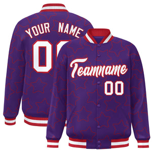 Custom Purple Red Varsity Full-Snap Star Pattern Letterman Baseball Jacket