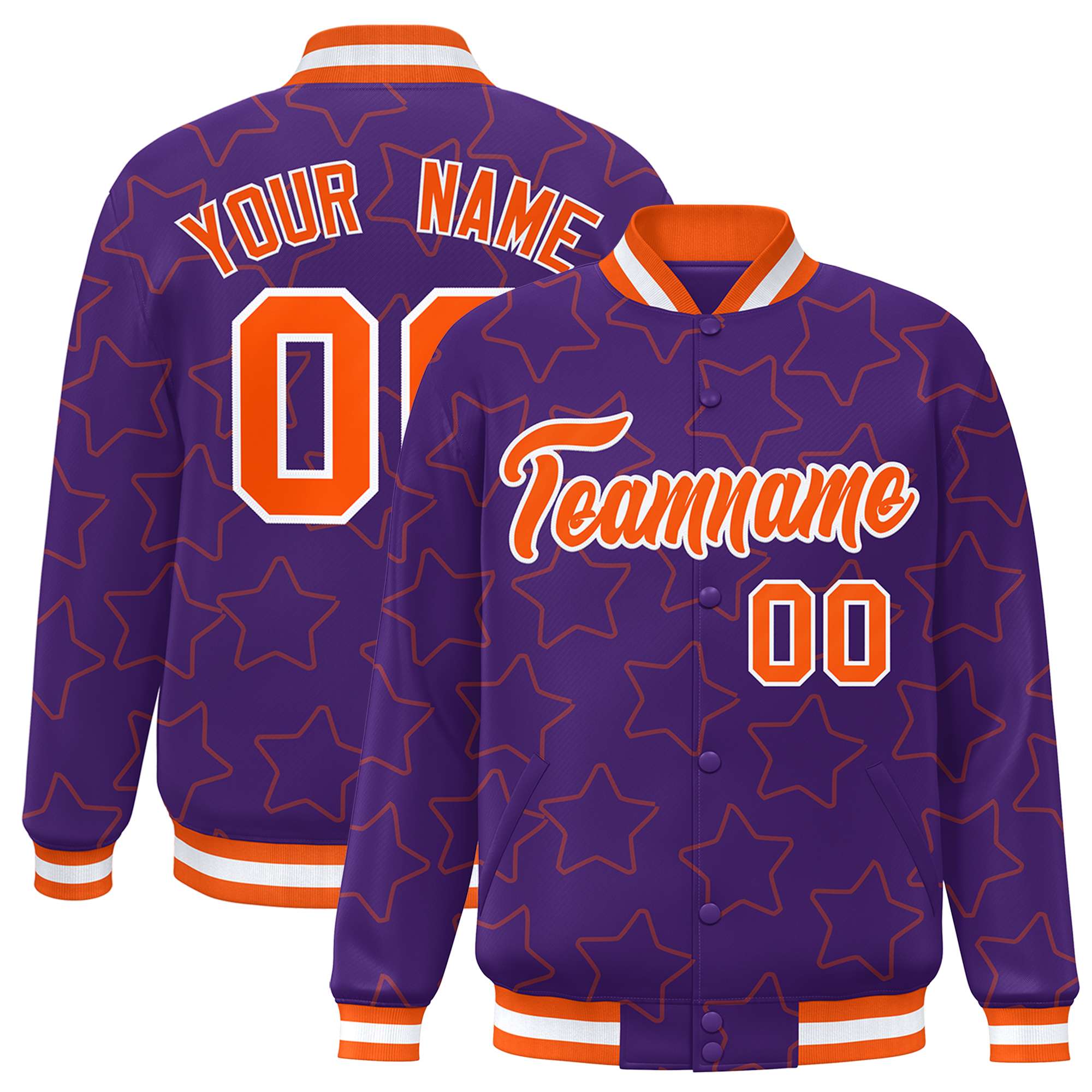 Custom Purple Orange Varsity Full-Snap Star Pattern Letterman Baseball Jacket