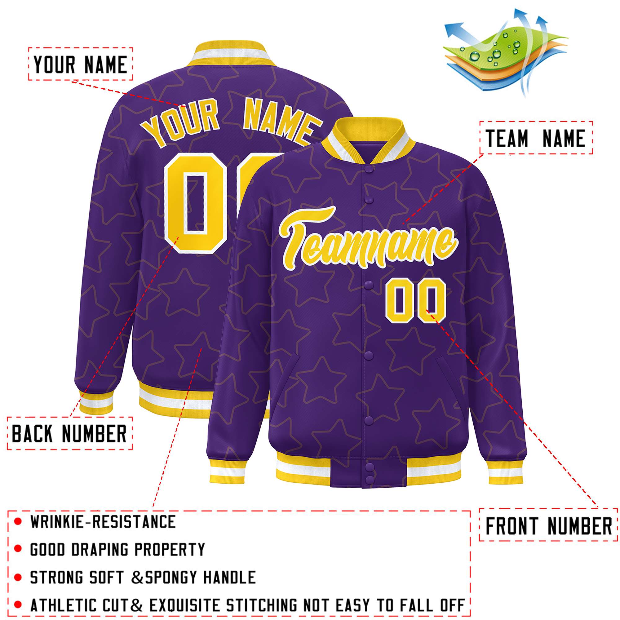 Custom Purple Gold Varsity Full-Snap Star Pattern Letterman Baseball Jacket