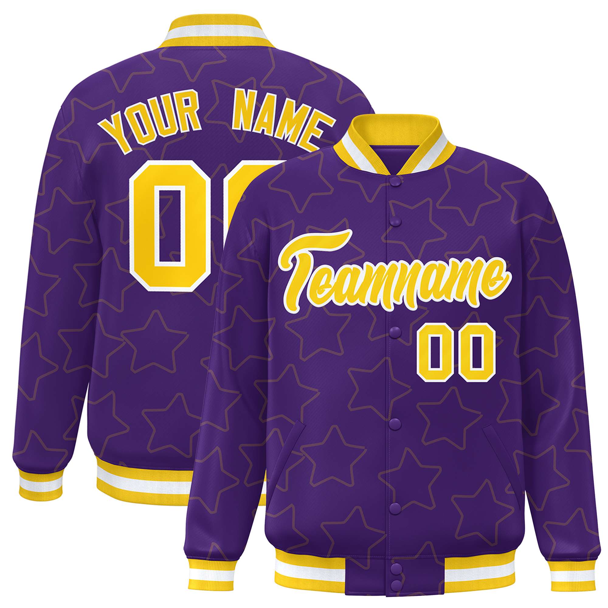 Custom Purple Gold Varsity Full-Snap Star Pattern Letterman Baseball Jacket