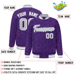 Custom Purple Gray Varsity Full-Snap Star Pattern Letterman Baseball Jacket