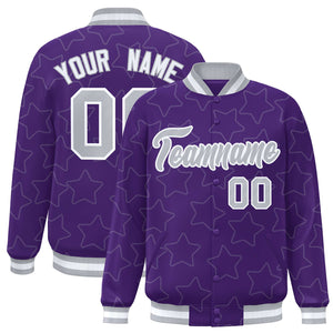 Custom Purple Gray Varsity Full-Snap Star Pattern Letterman Baseball Jacket