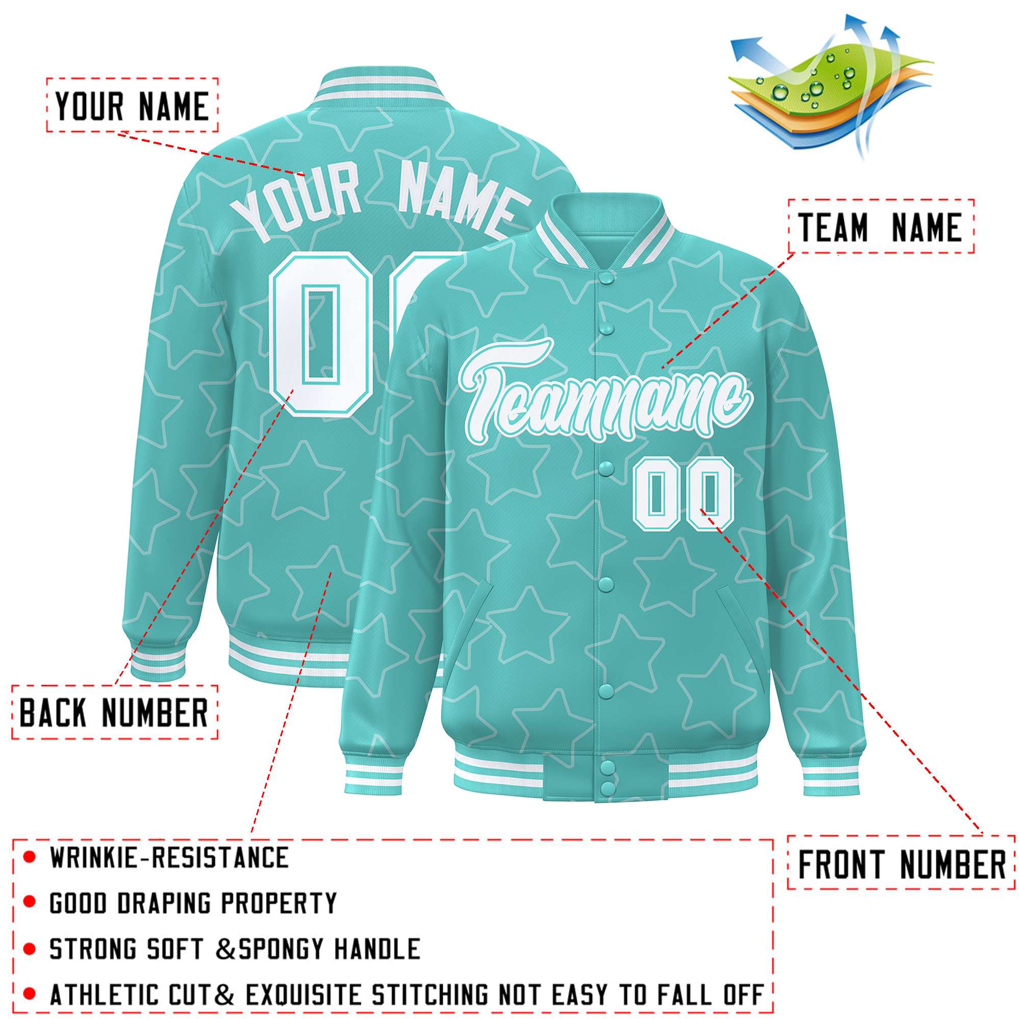 Custom Bright Green White Varsity Full-Snap Star Pattern Letterman Baseball Jacket