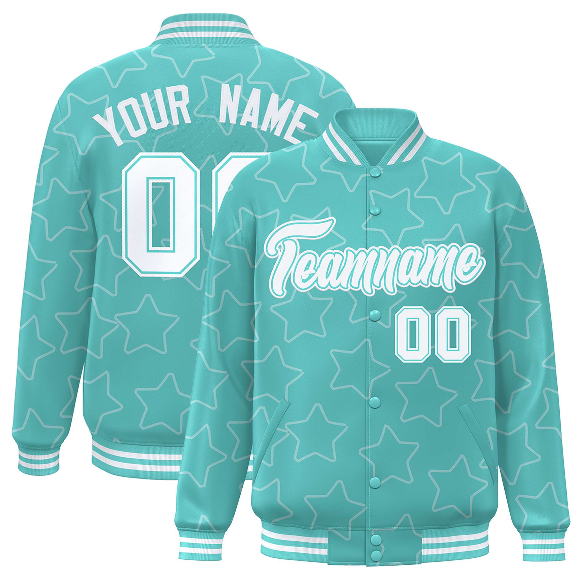 Custom Bright Green White Varsity Full-Snap Star Pattern Letterman Baseball Jacket