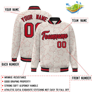 Custom Cream Red Varsity Full-Snap Star Pattern Letterman Baseball Jacket