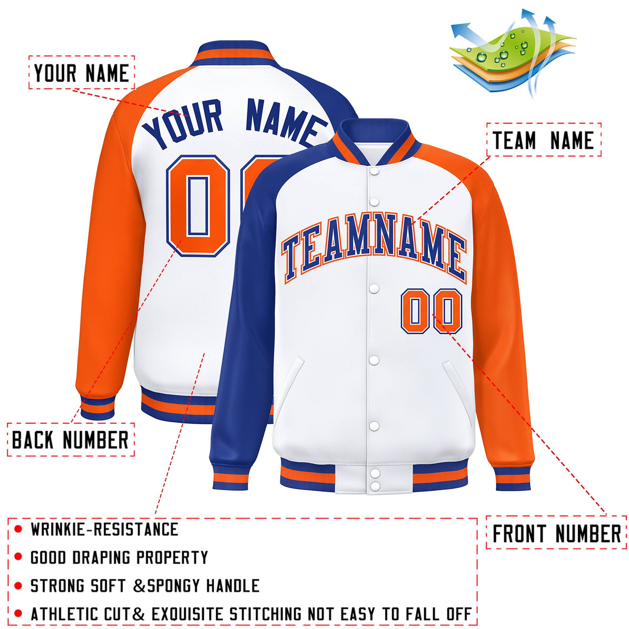 Custom White Orange-Royal Varsity Full-Snap Authentic Raglan Sleeves Letterman Bomber Jacket