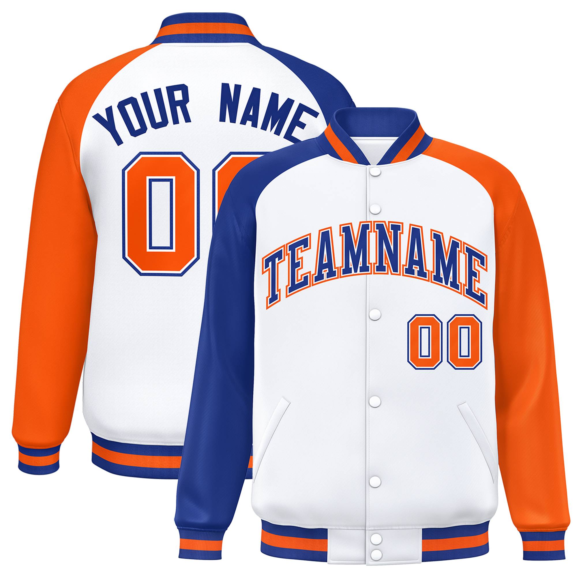 Custom White Orange-Royal Varsity Full-Snap Authentic Raglan Sleeves Letterman Bomber Jacket