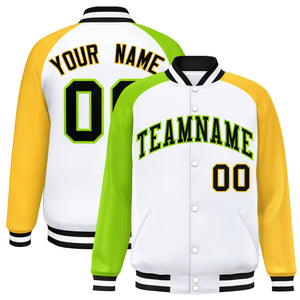 Custom White Gold-Neon Green Varsity Full-Snap Authentic Raglan Sleeves Letterman Bomber Jacket