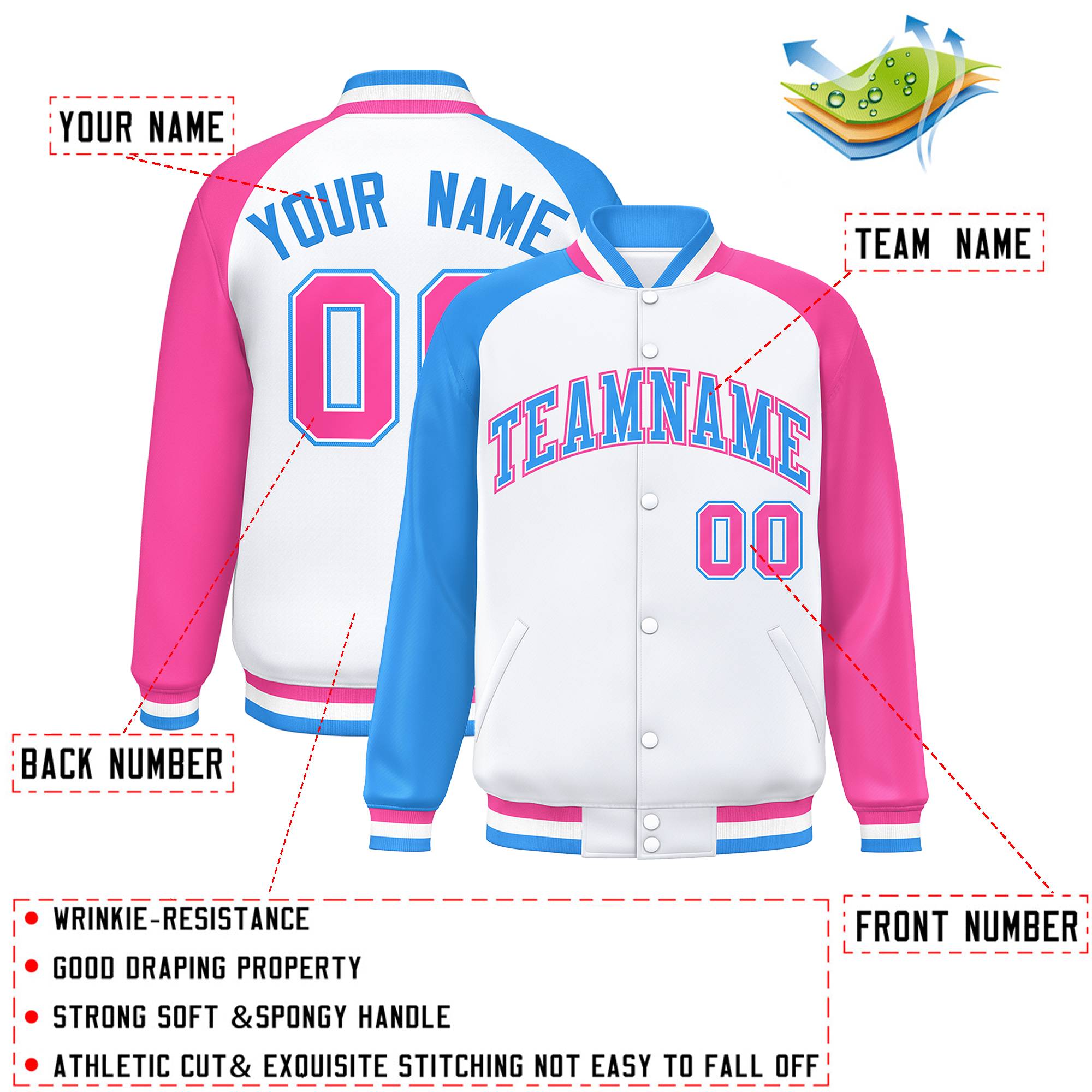 Custom White Pink-Powder Blue Varsity Full-Snap Authentic Raglan Sleeves Letterman Bomber Jacket