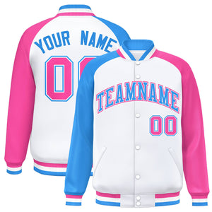 Custom White Pink-Powder Blue Varsity Full-Snap Authentic Raglan Sleeves Letterman Bomber Jacket